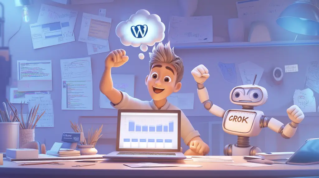 Man and AI robot celebrating a winning WordPress website using the Clamp Generator