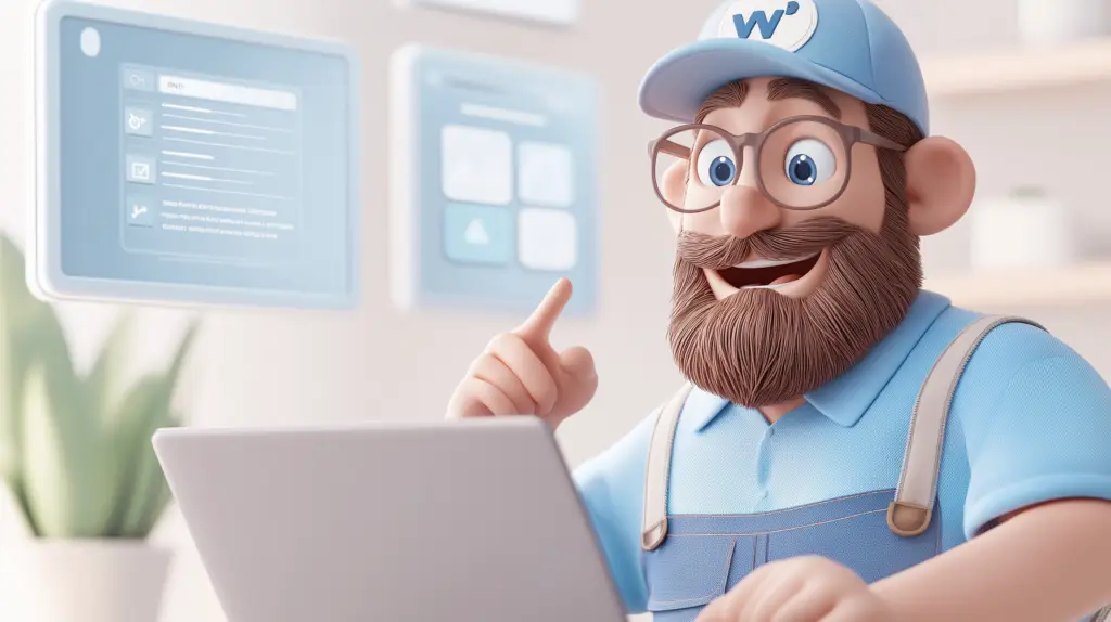 A 3D cartoon character with beard and glasses wearing a WordPress cap and overalls, enthusiastically pointing at multiple responsive screens of different sizes floating around him.