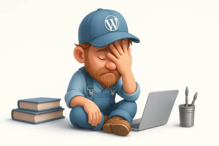 Cartoon WordPress designer confused and stressed with his hand on his face in despair with laptop on the floor next to him