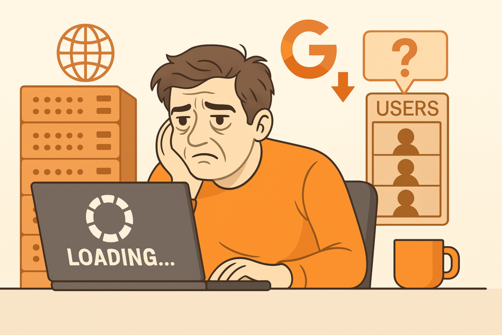 frustrated man slow website loading lost seo and users better hosting needed