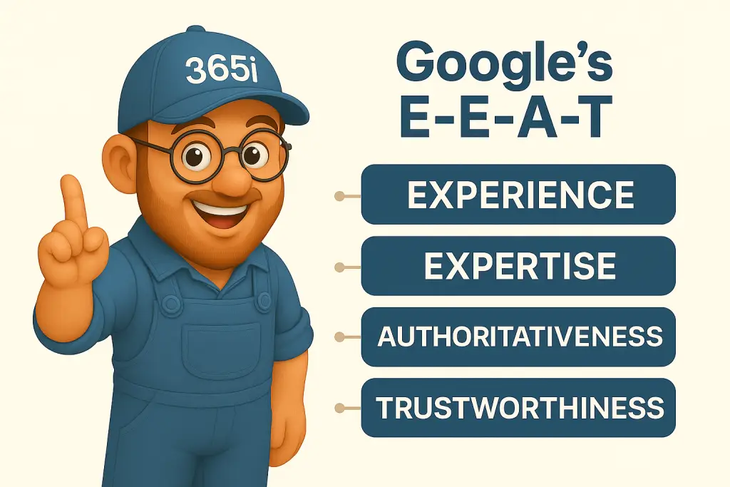 Infographic showing the four components of Google's E-E-A-T guidelines - Experience, Expertise, Authoritativeness, and Trustworthiness