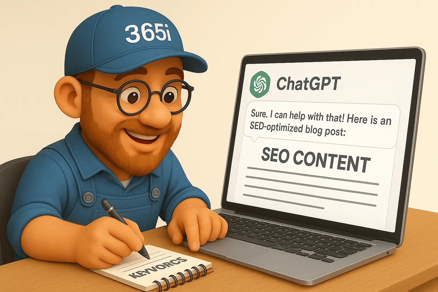 Person collaboratively working with ChatGPT to create SEO content, showing both computer screen and notepad with keywords