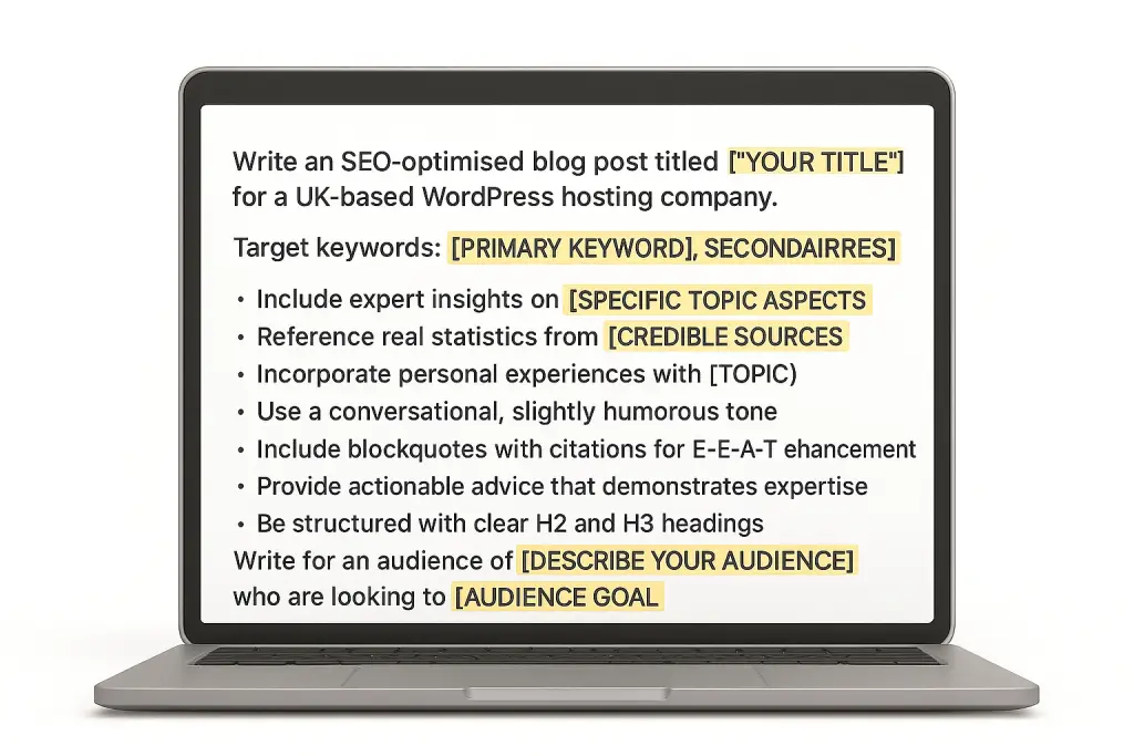 Screenshot of an effective ChatGPT prompt template for SEO content creation with highlighted sections for keywords and content requirements