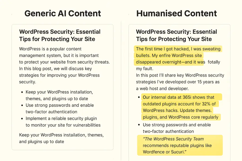 Side-by-side comparison of generic AI content versus humanised content with E-E-A-T elements highlighted