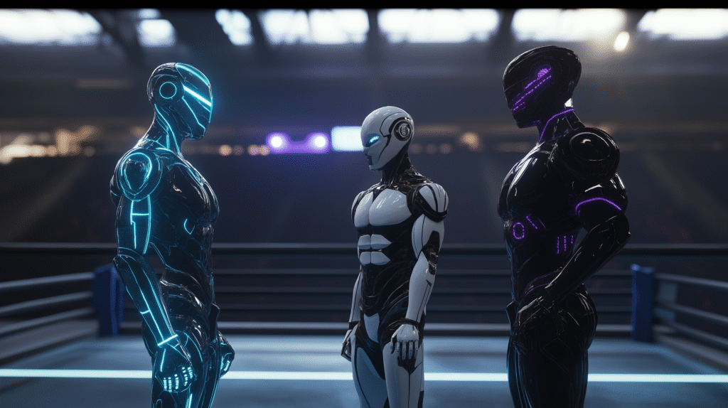 Three futuristic AI Comparison robots facing off in a high-tech boxing ring