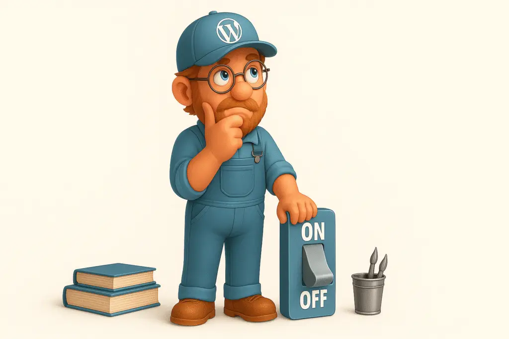 WordPress Maintenance Man Standing pondering on or off