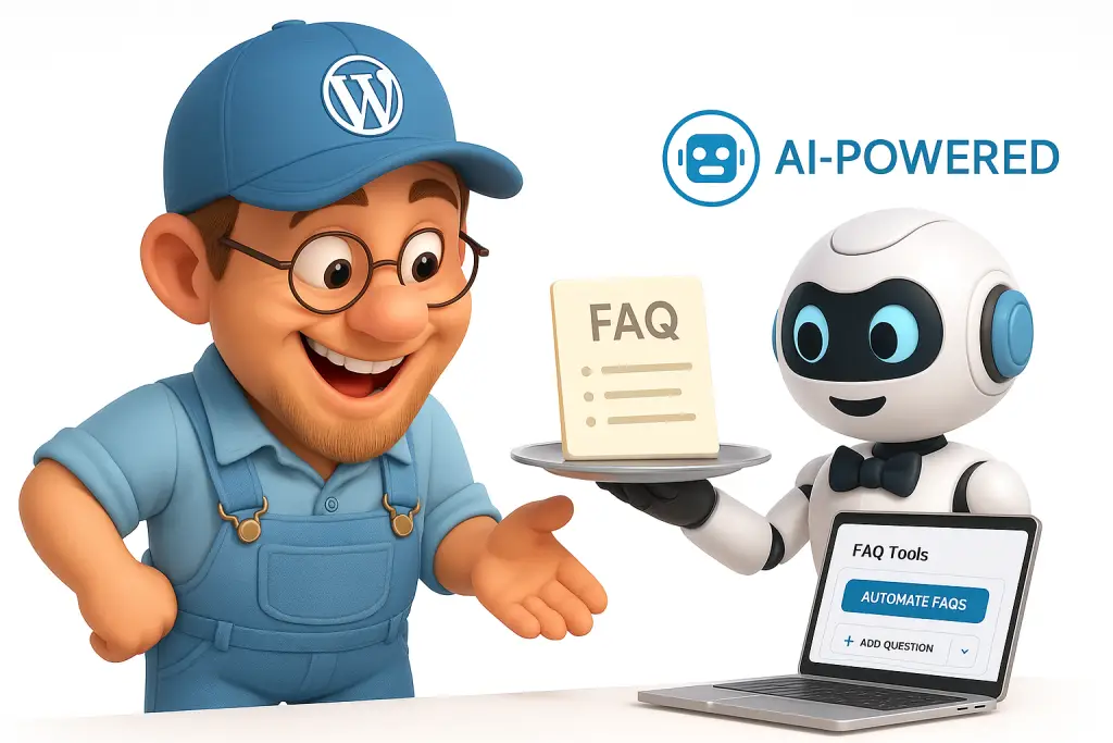 AI FAQ Generator with FAQs being served by a cute AI robot butler