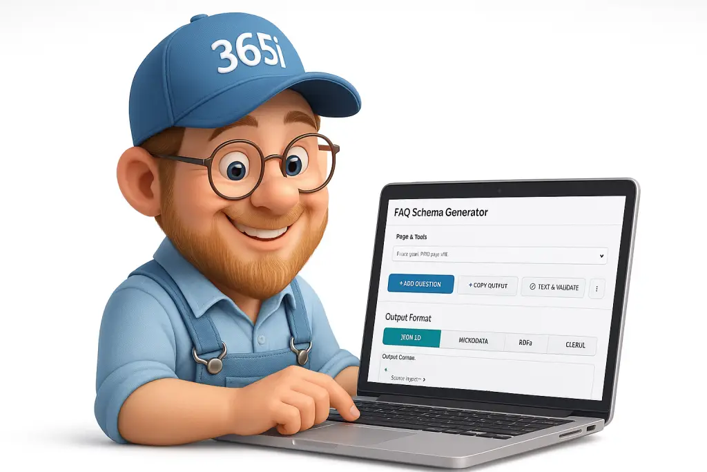 A cartoon character wearing a 365i hate using the FAQ Schema Generator on a laptop